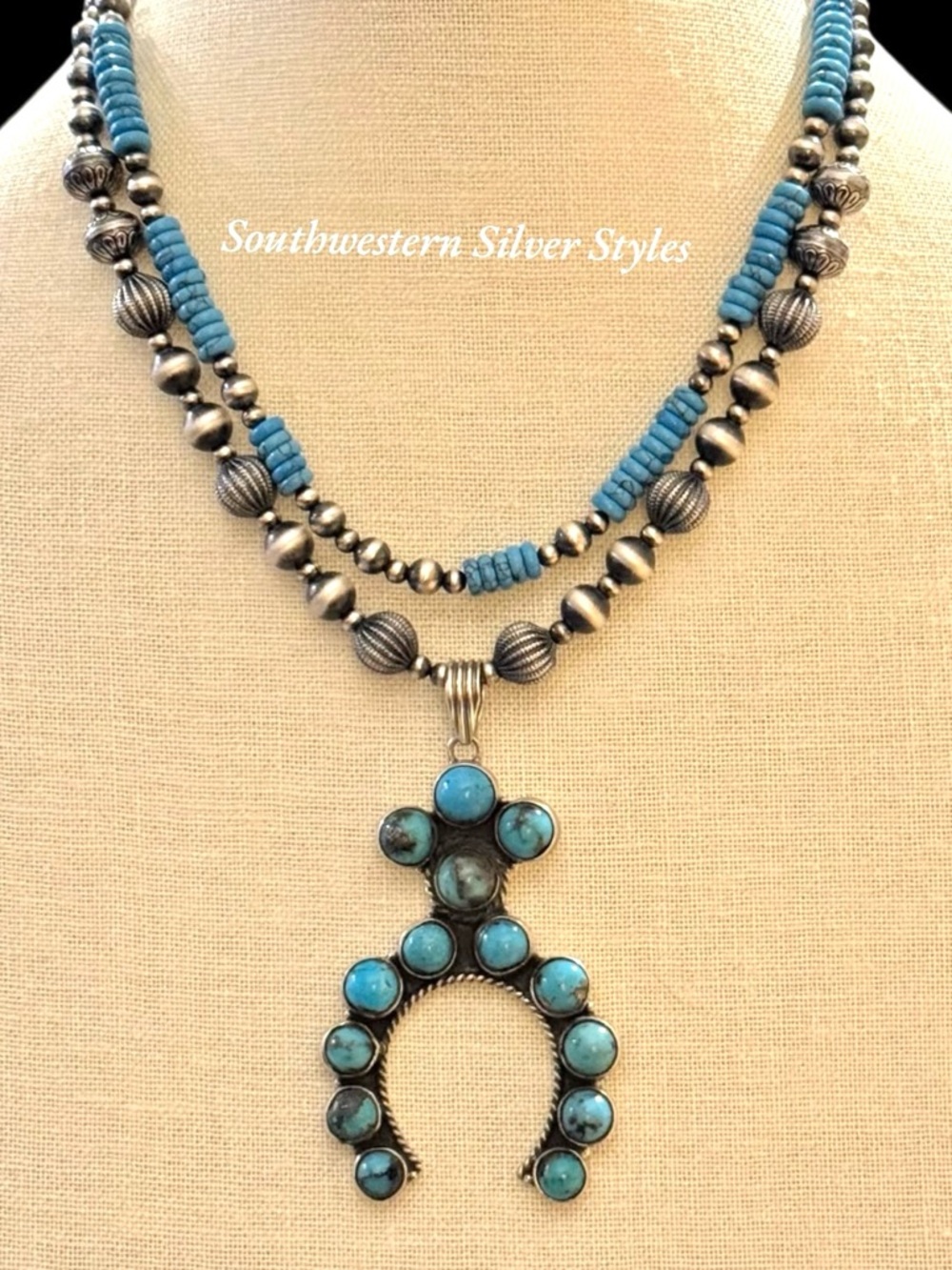 Sterling Silver Desert Pearls Turquoise Naja Squash Blossom Pendant Necklace